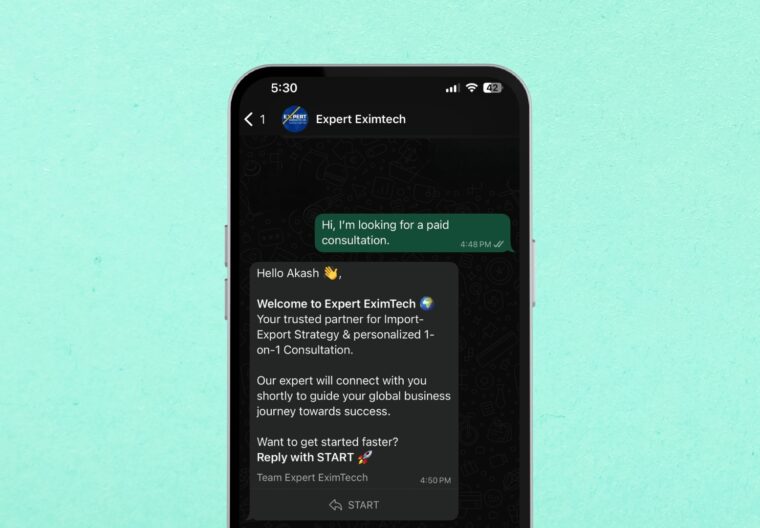 Expert Exim WhatsApp Chatbot Automation Mockup