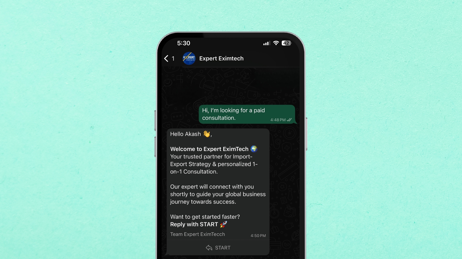 Expert Exim WhatsApp Chatbot Automation Mockup